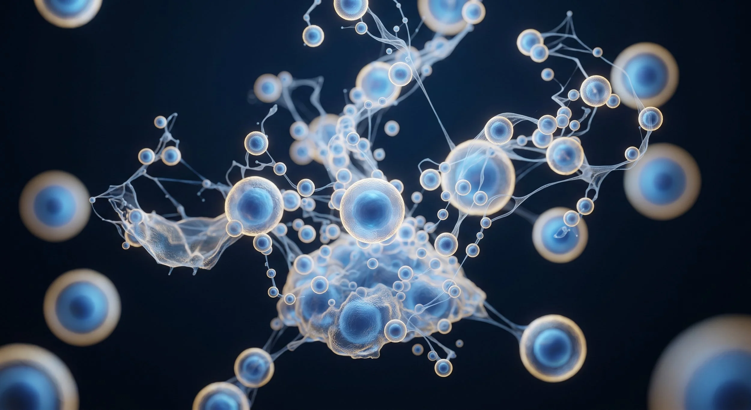 A cluster of tiny glowing spheres against a dark background, illustrating exosome nanovesicles for skin.