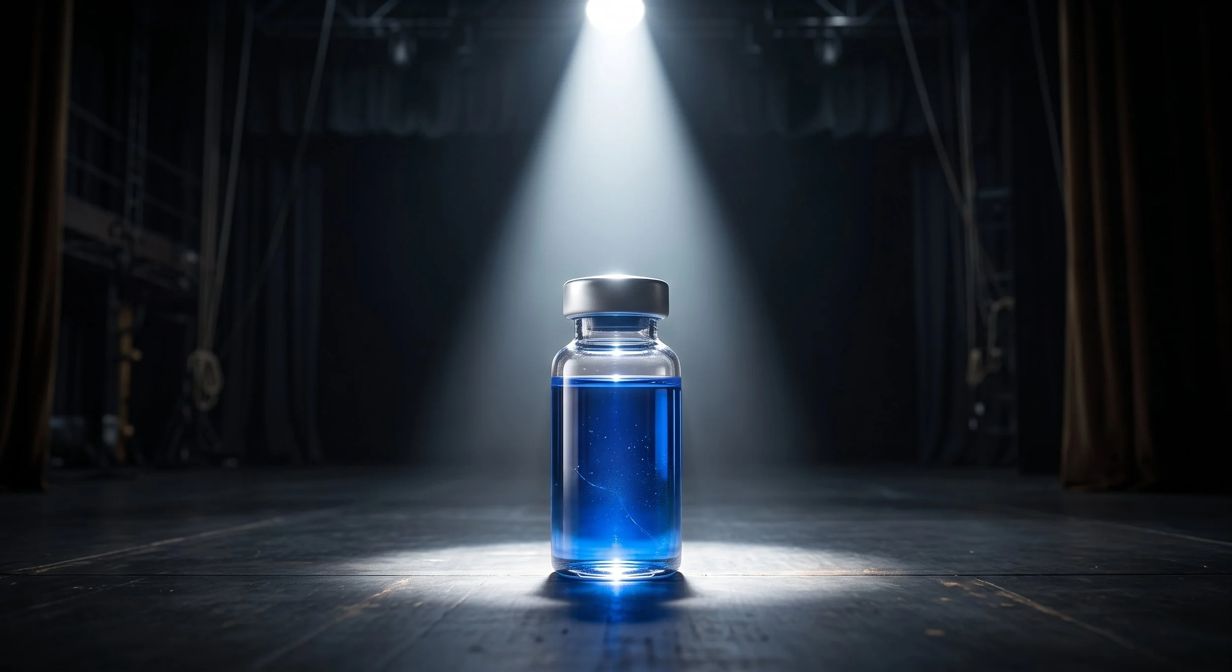 A single vial under a dramatic spotlight, a metaphor for a hyped but unproven, unregulated treatment.