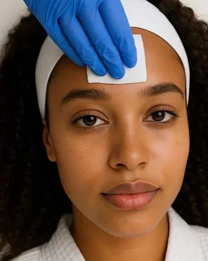 A young woman receiving a facial treatment, with a skincare professional applying a mask or treatment to her forehead.