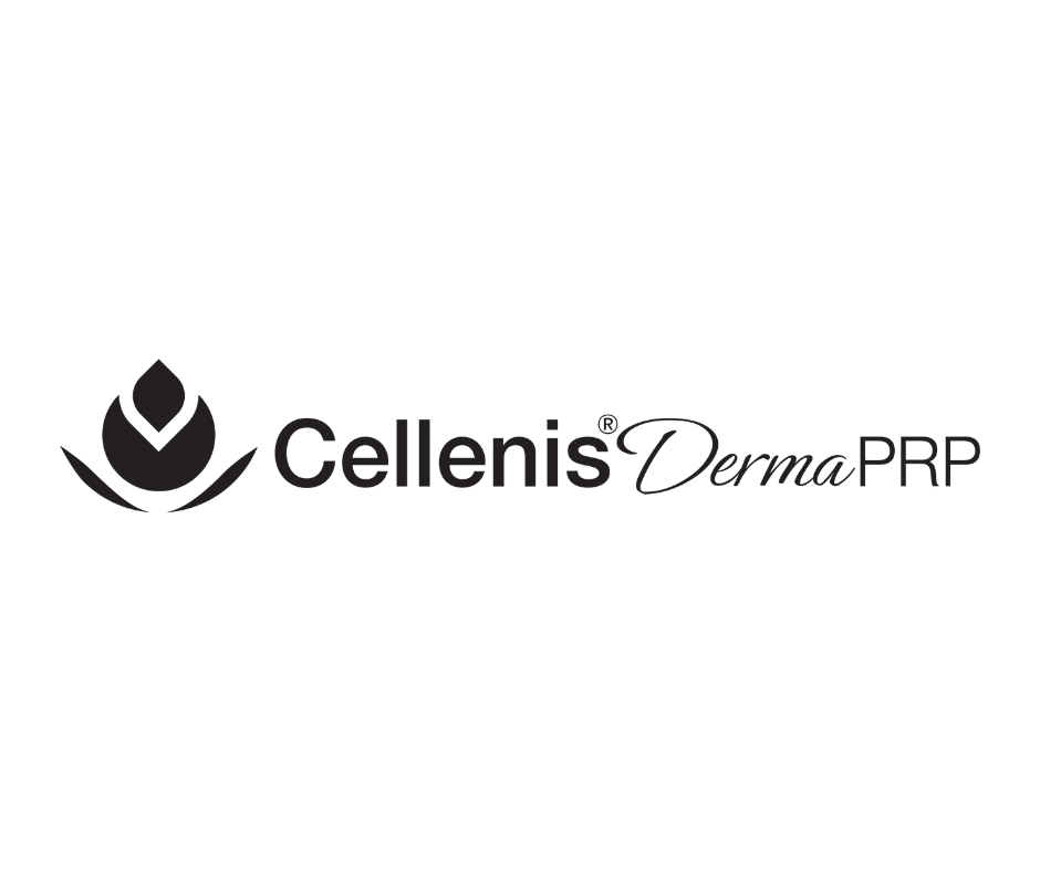 Logo for Cellenis Derma PRP, featuring a stylized flower or leaf symbol in dark gray and black, with the brand name written in black and purple text.