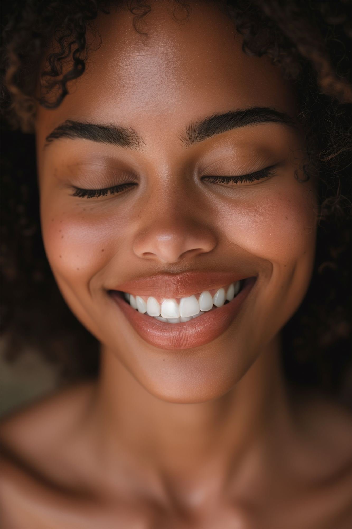 Smiling woman with eyes closed and glowing skin