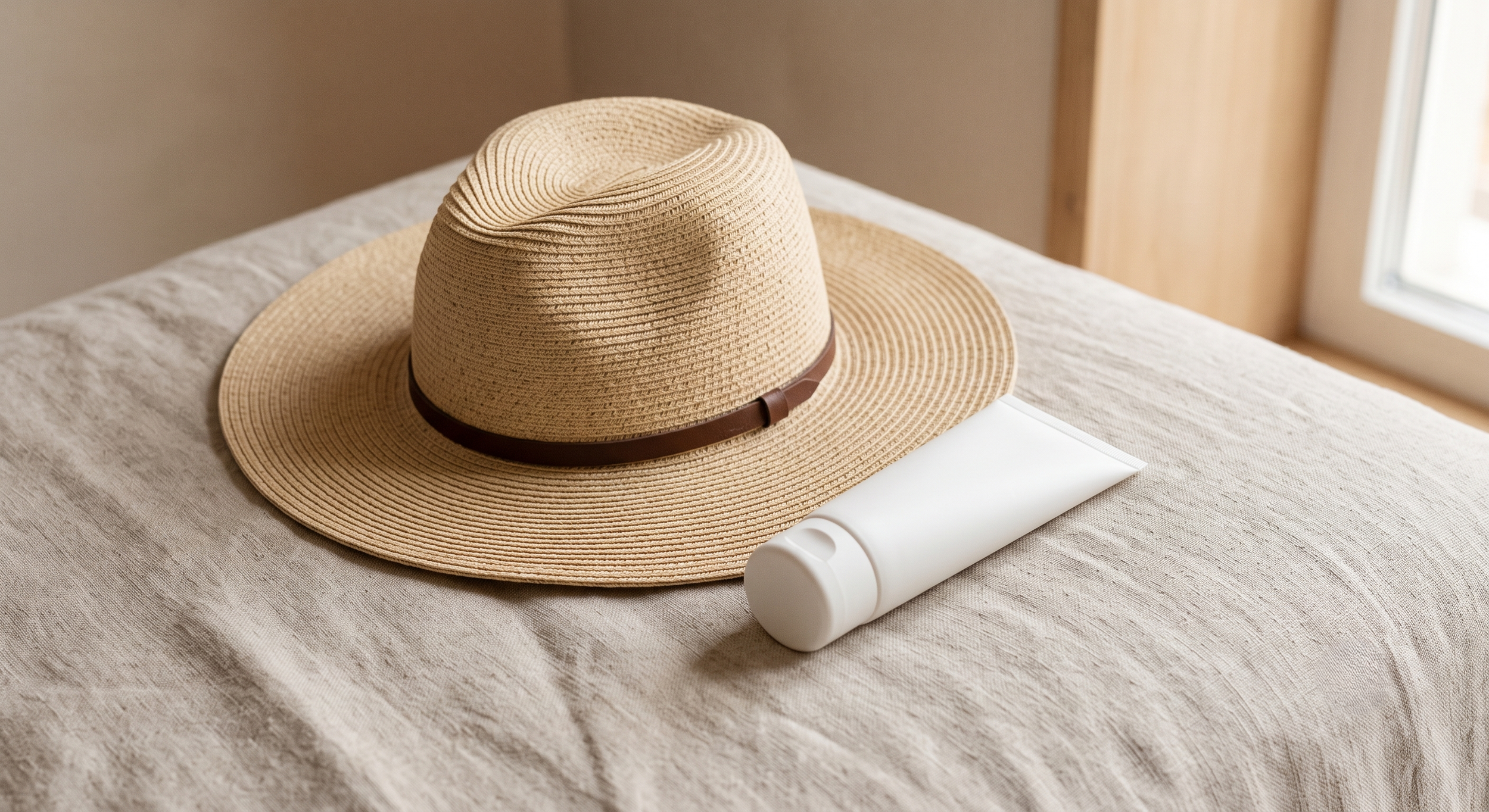Mineral sunscreen and a sun hat, a reminder that sun protection protects microneedling results.