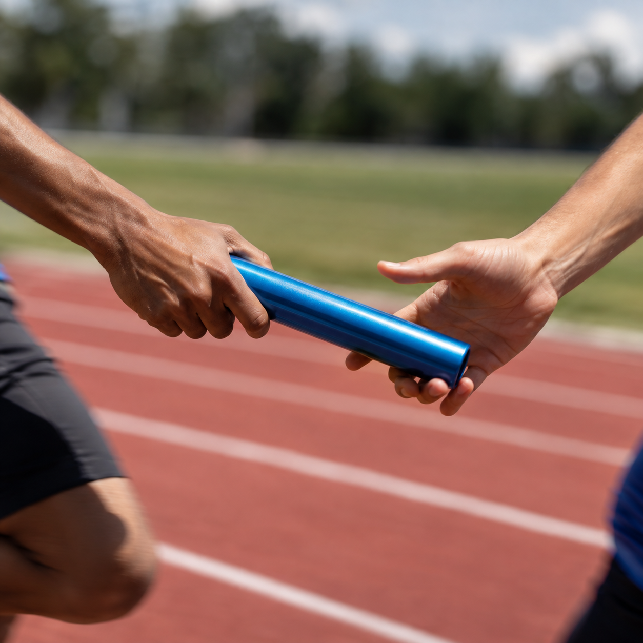 A relay race baton mid-handoff, a metaphor for CO2 laser's immediate effect handing off to Sculptra's slower collagen response.