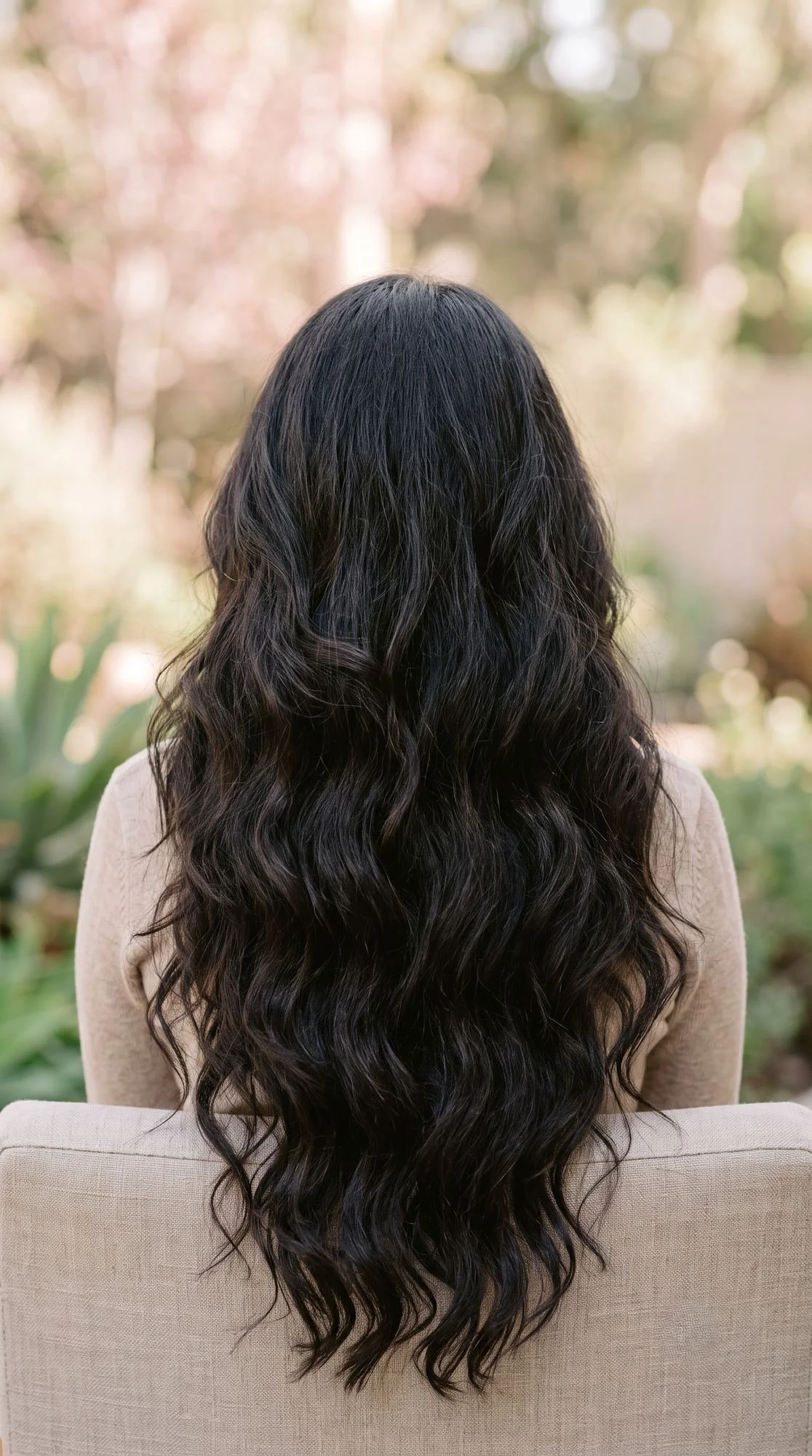 Long, full dark hair seen from behind
