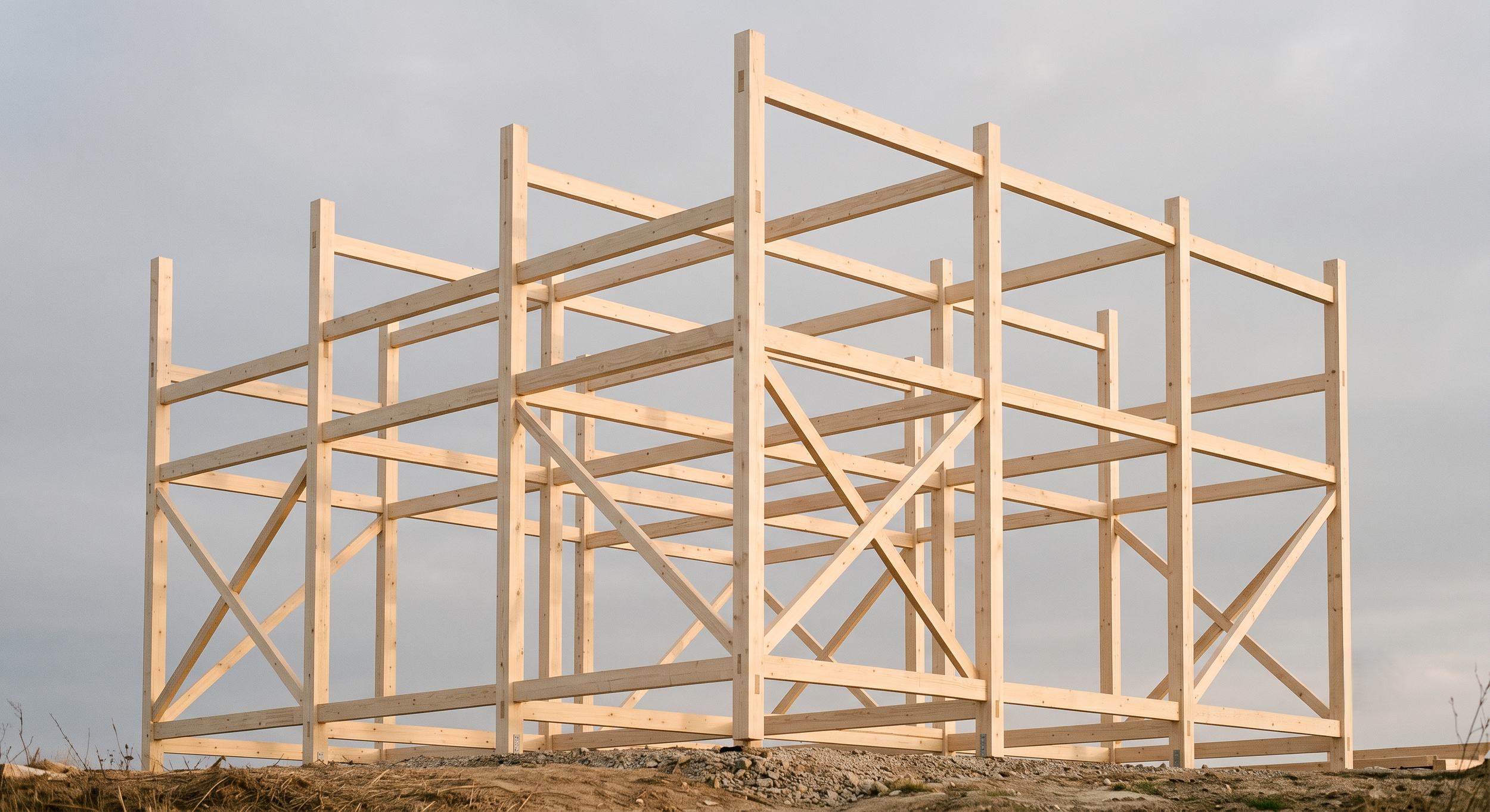 A structural wooden scaffold being built, a metaphor for Sculptra rebuilding the face's collagen framework.