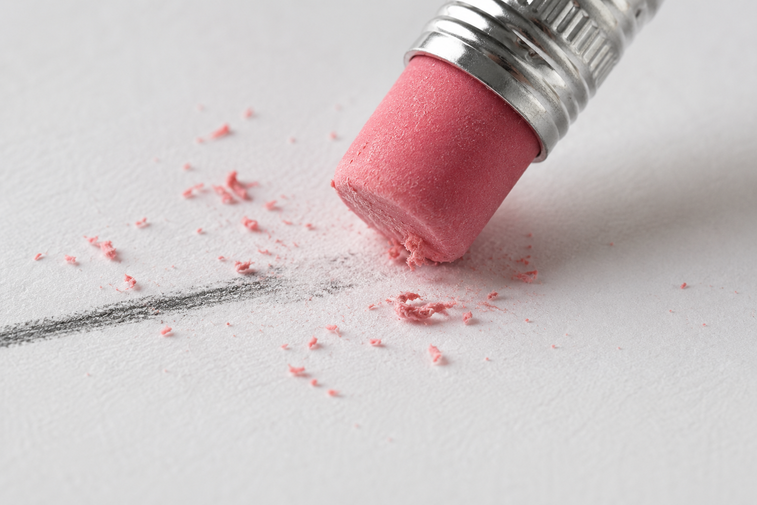A pencil eraser lifting a drawn line off white paper, a metaphor for dissolving hyaluronic acid filler.