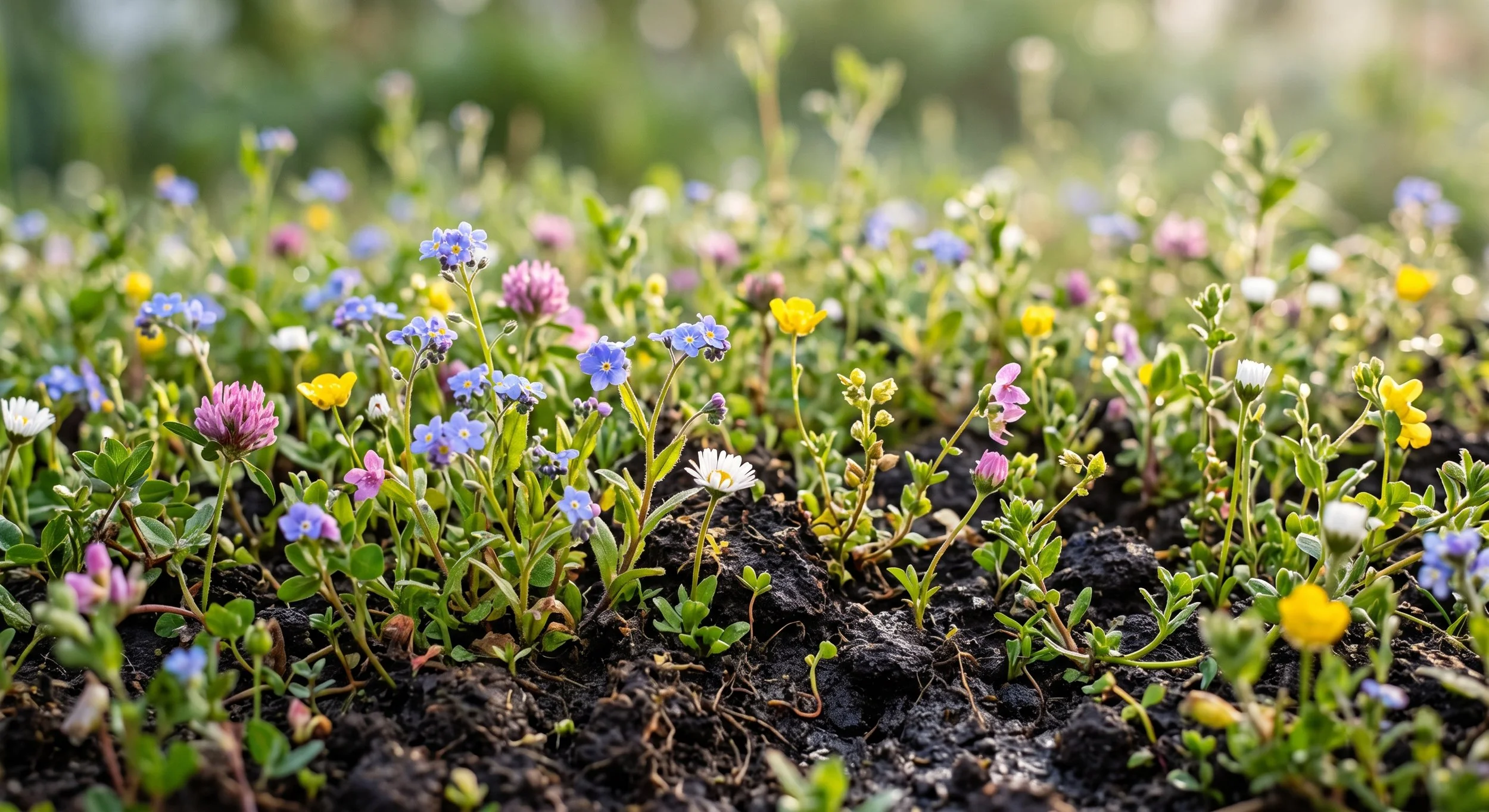 A field of new colorful sprouts pushing through soil, a metaphor for stimulating hair follicle regrowth.