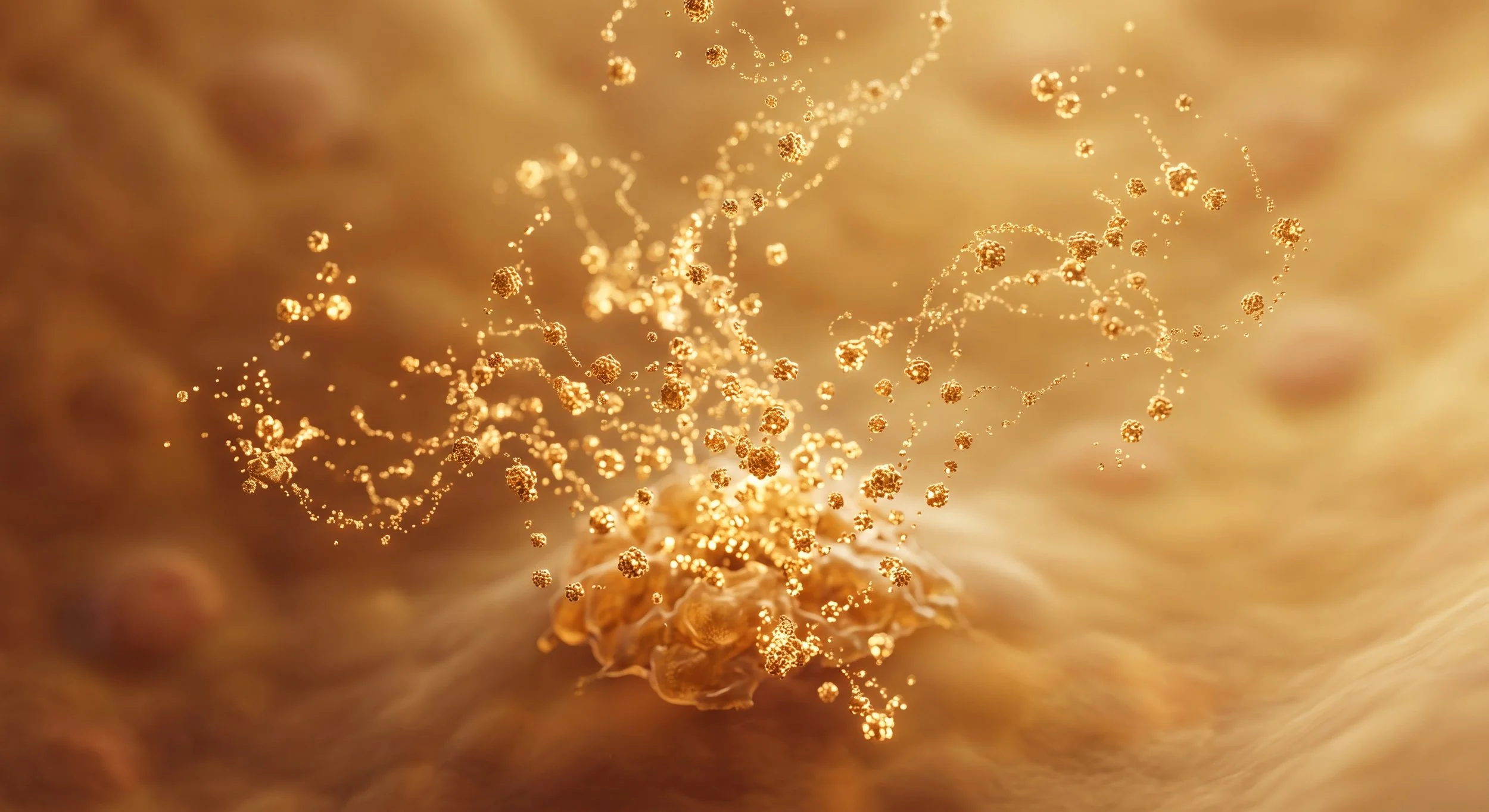Glowing particles dispersing, a metaphor for the growth-factor signals concentrated in PRP.