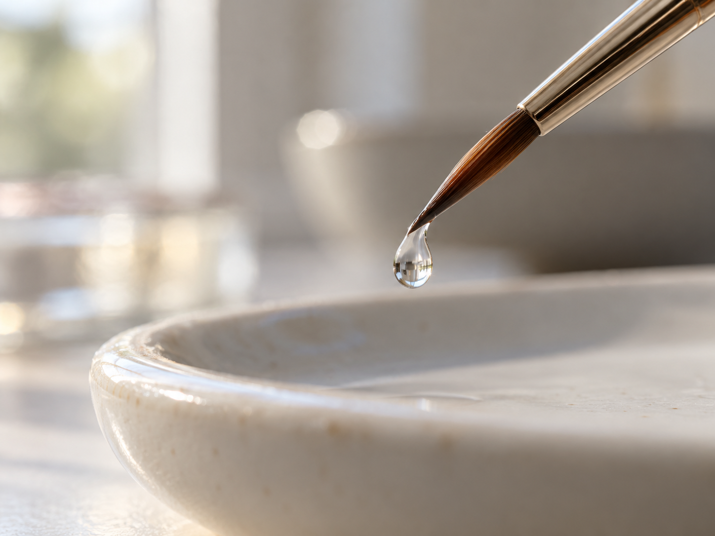 A fine-tipped paintbrush with a single drop of clear liquid at its tip, held just above a smooth ceramic surface.