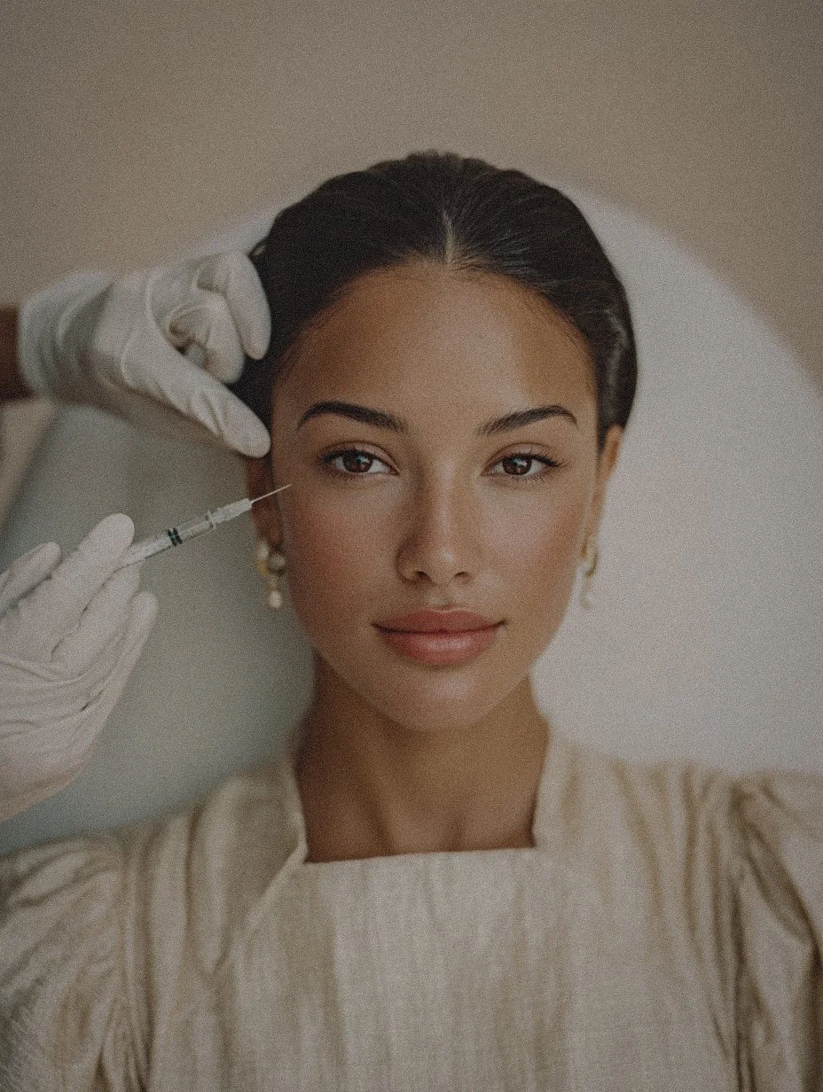 A woman with dark hair and earrings receives an injection in her face from a healthcare professional wearing gloves.