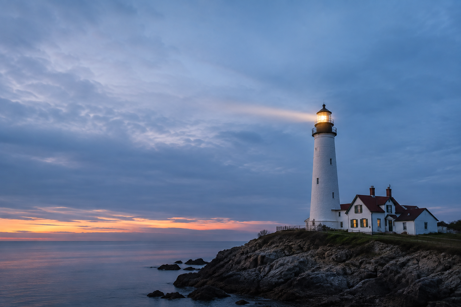 A lighthouse standing calm at dusk, a metaphor for preparedness and safety in dermal filler treatment.