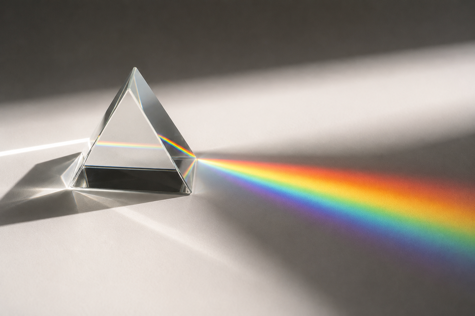 A prism splitting a beam of light into a spectrum, illustrating a light-based thulium laser skin treatment.