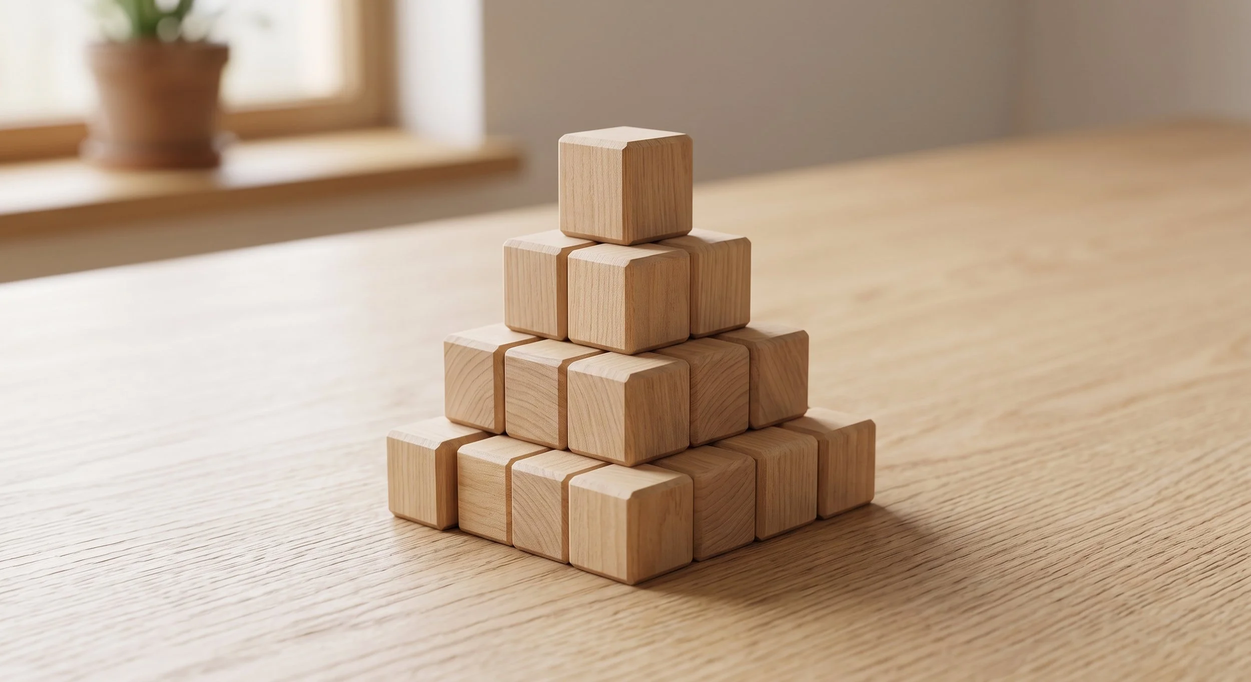 Wooden blocks stacked on a broad base, a metaphor for a foundation plus add-on hair treatments.