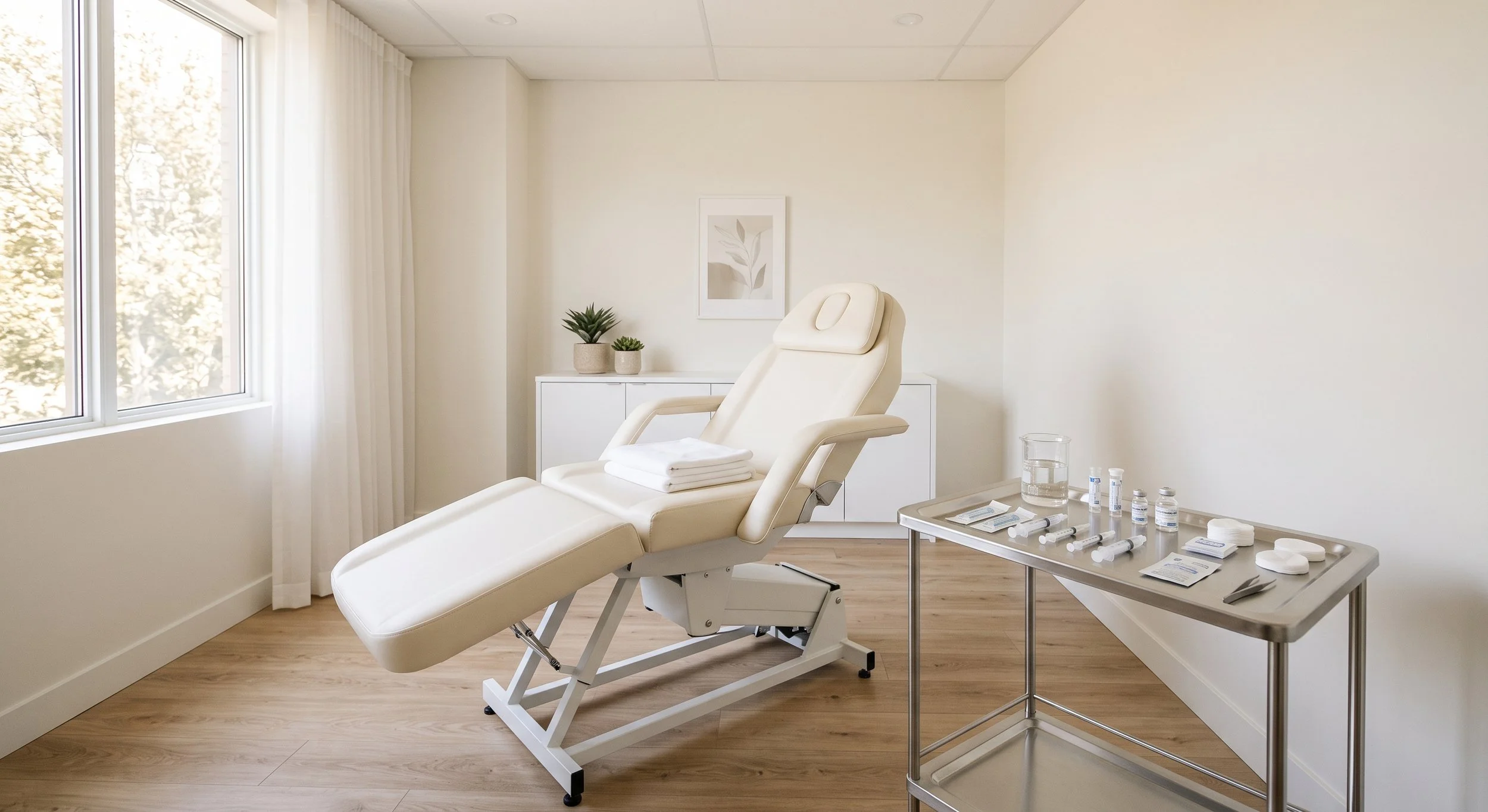 A tidy, well-lit medical treatment room with an orderly tray, conveying a safe, professional aesthetics practice.