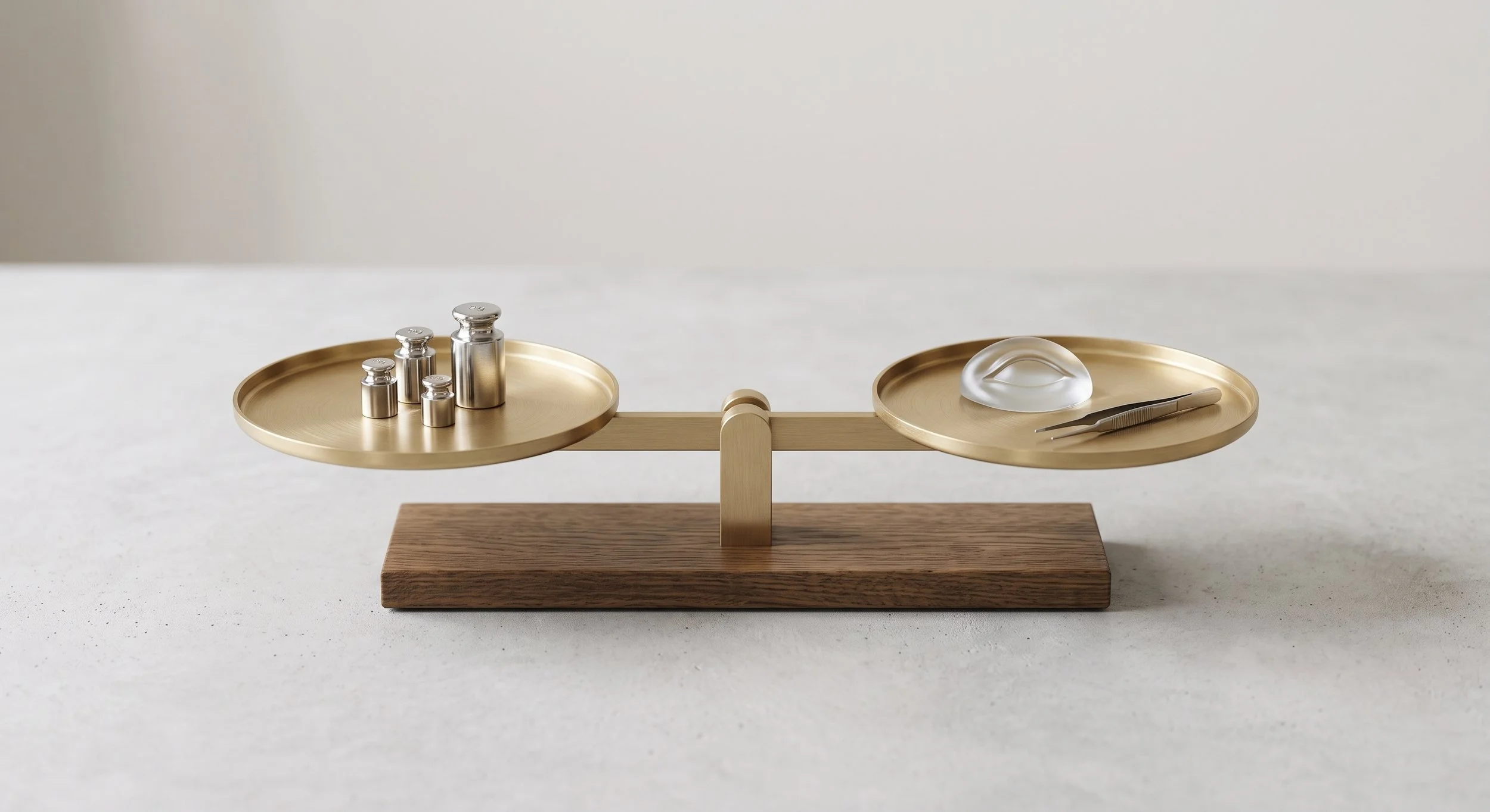 A simple balance scale, a metaphor for weighing a non-surgical eyelid lift against surgery.