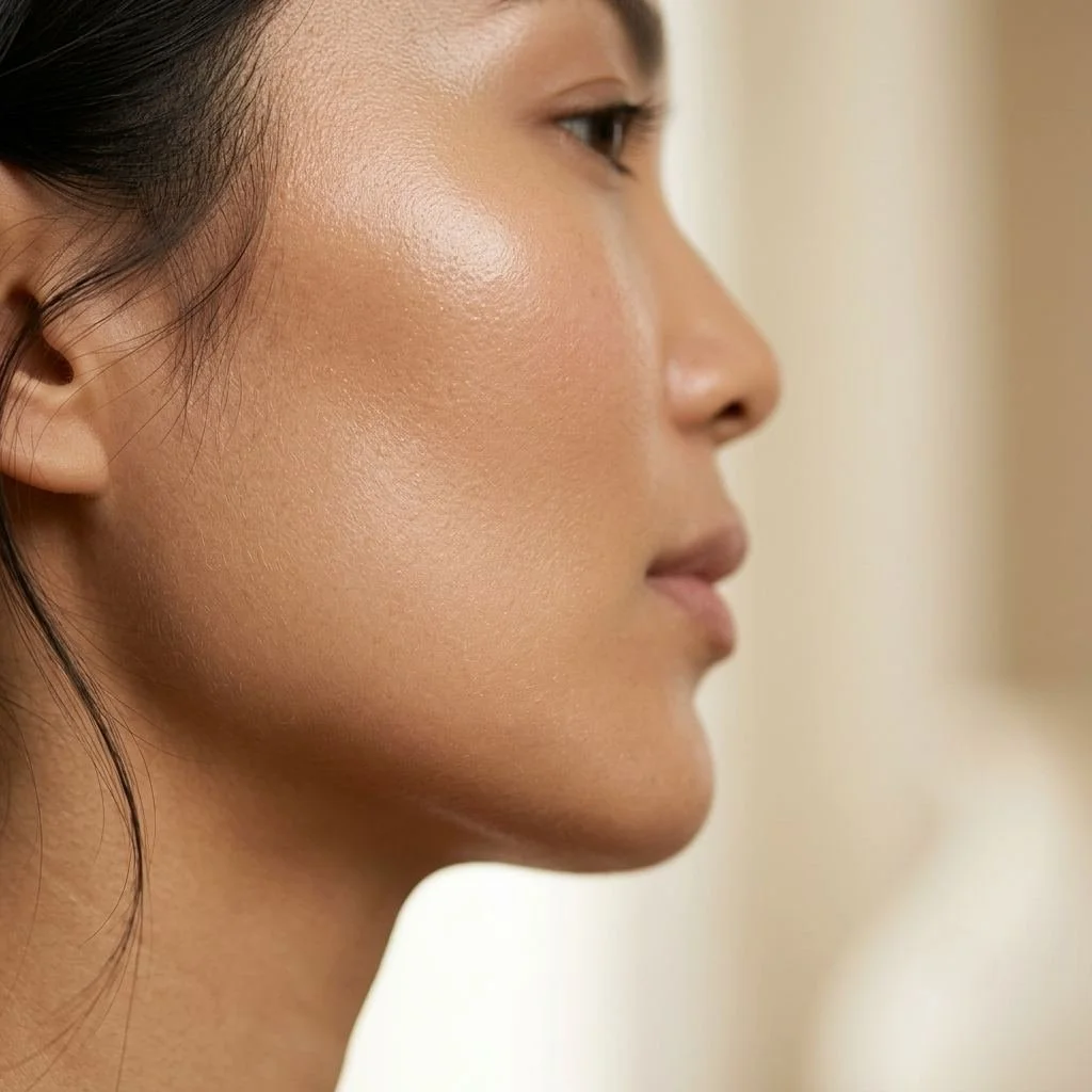 Side profile of a woman's cheek and jawline with smooth skin