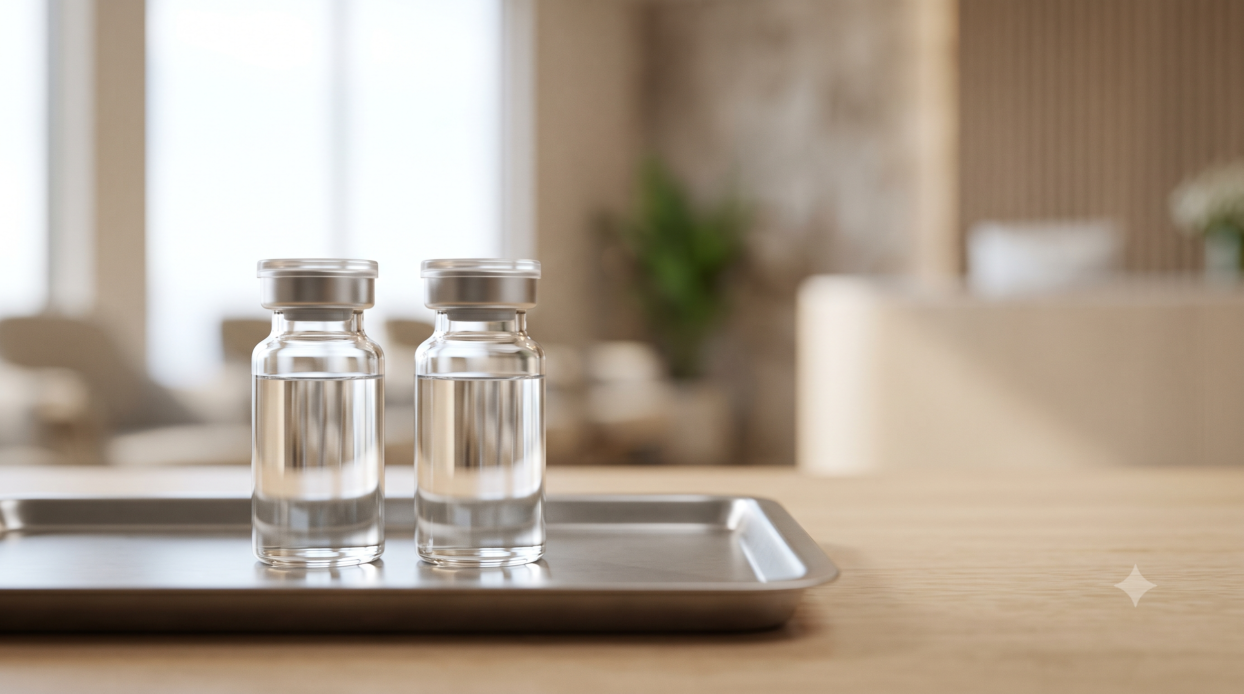 Two medication vials side by side on a clinic tray, comparing Dysport and Botox neuromodulators.