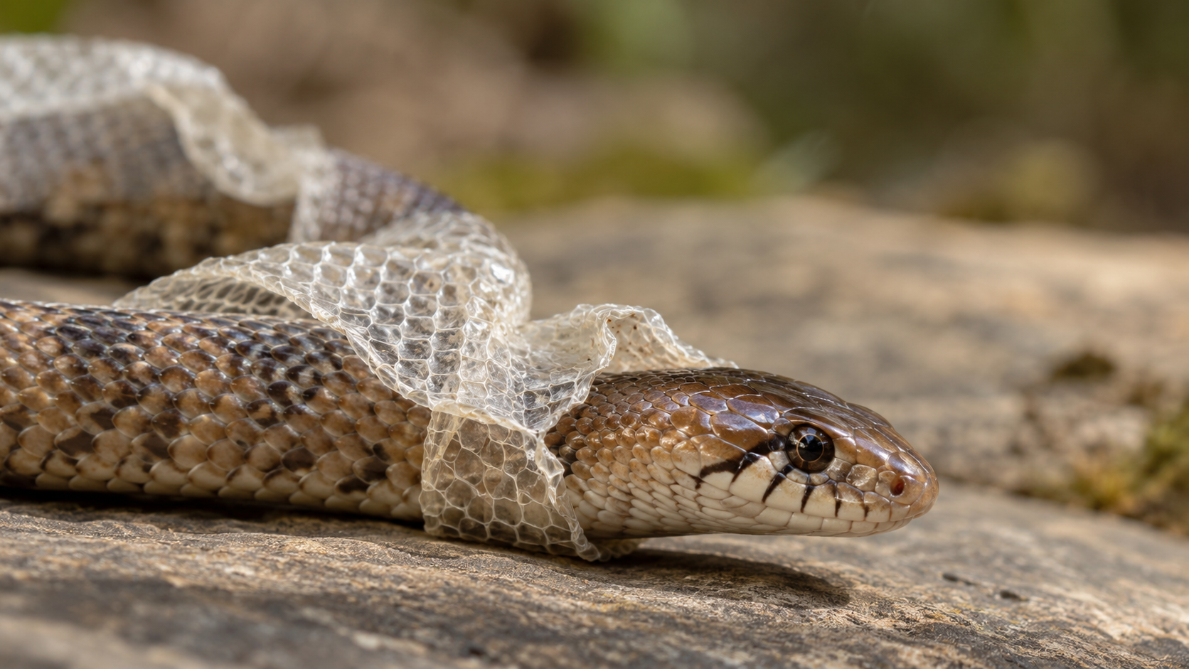 A snake gently shedding its skin on a smooth rock, a metaphor for controlled chemical exfoliation.