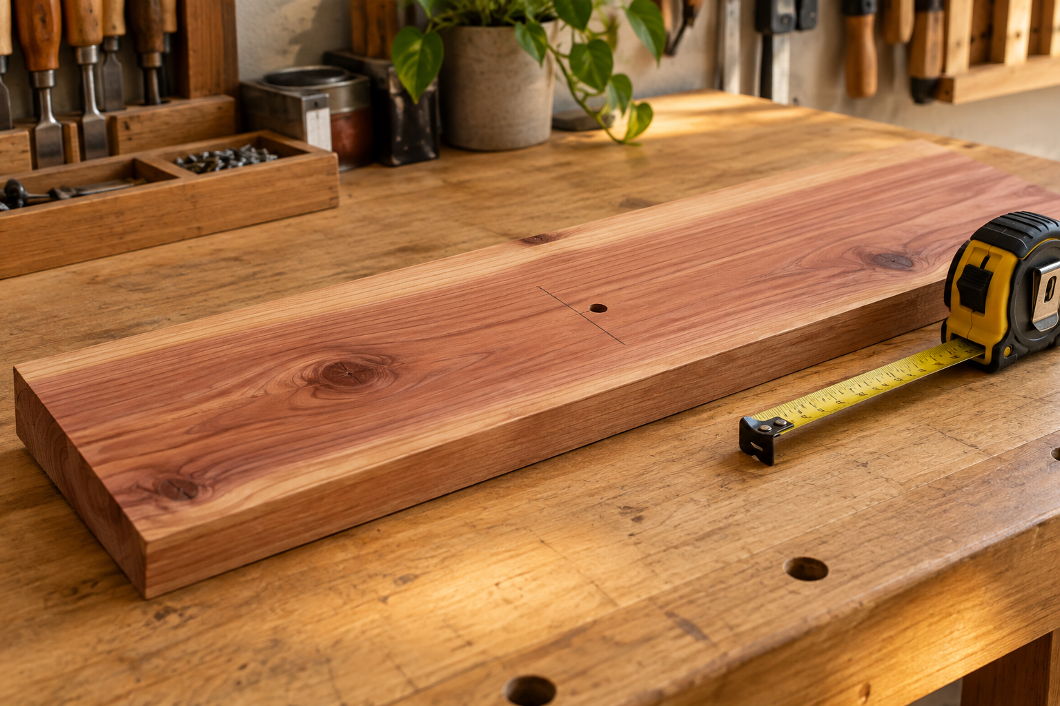 A cedar plank with a pencil mark, a tape measure, and one small neat hole, a metaphor for precise, focal treatment.