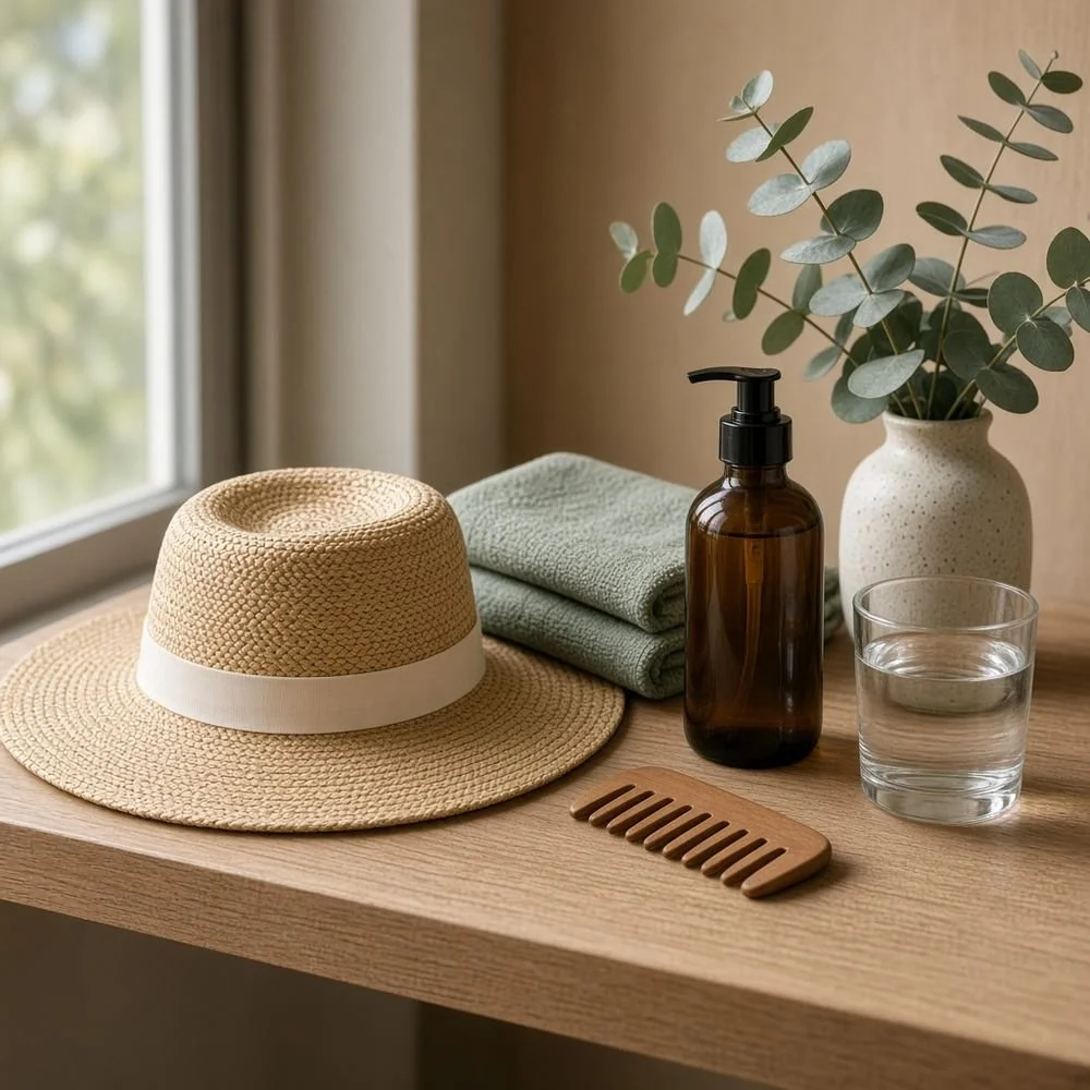 Sun hat, gentle shampoo, towel and wide-tooth comb on a sunny shelf for scalp aftercare after hair restoration