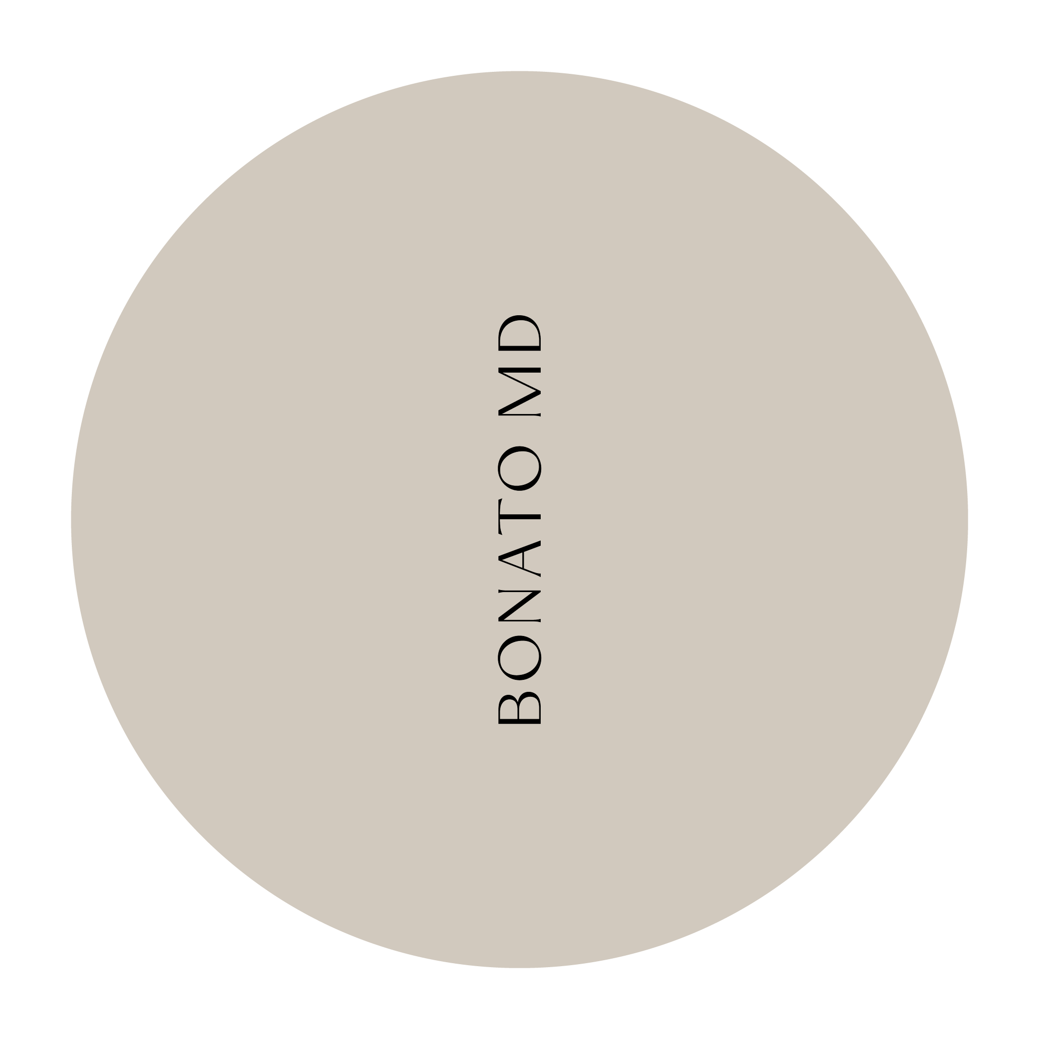 A round label with a beige center and black border, featuring the text 'BONATO MD' in black vertically in the middle.