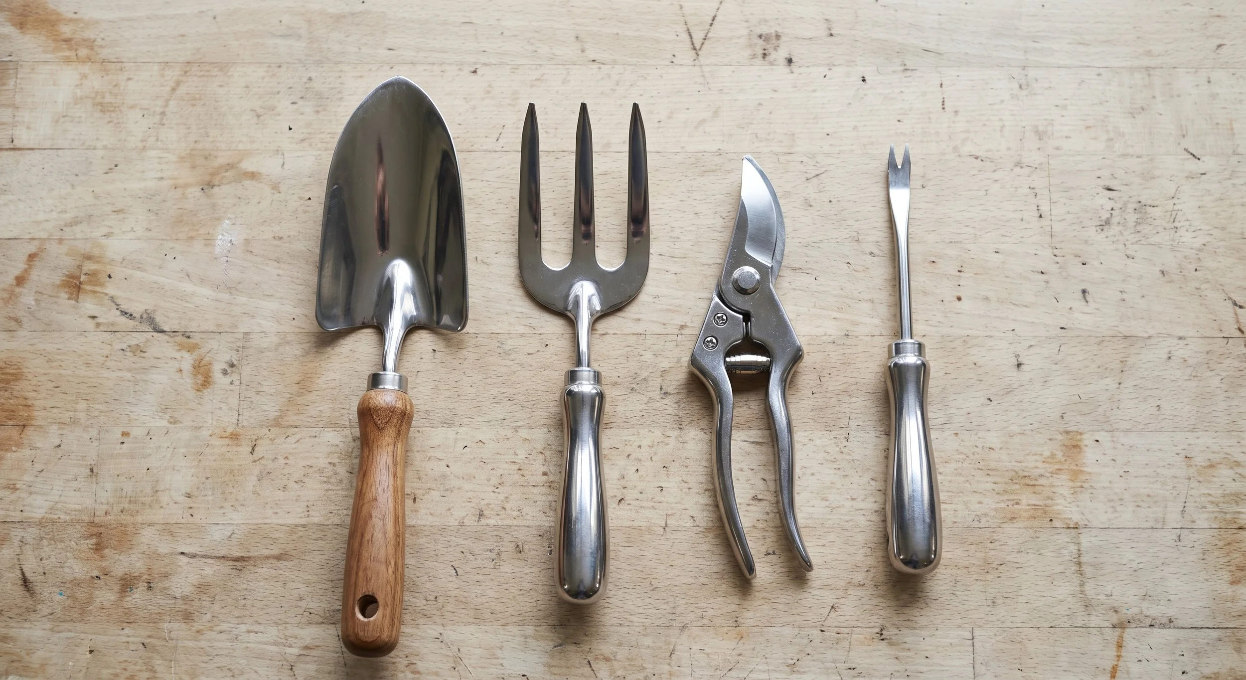 Four garden tools laid out neatly side by side, a metaphor for comparing different hair-loss treatments.