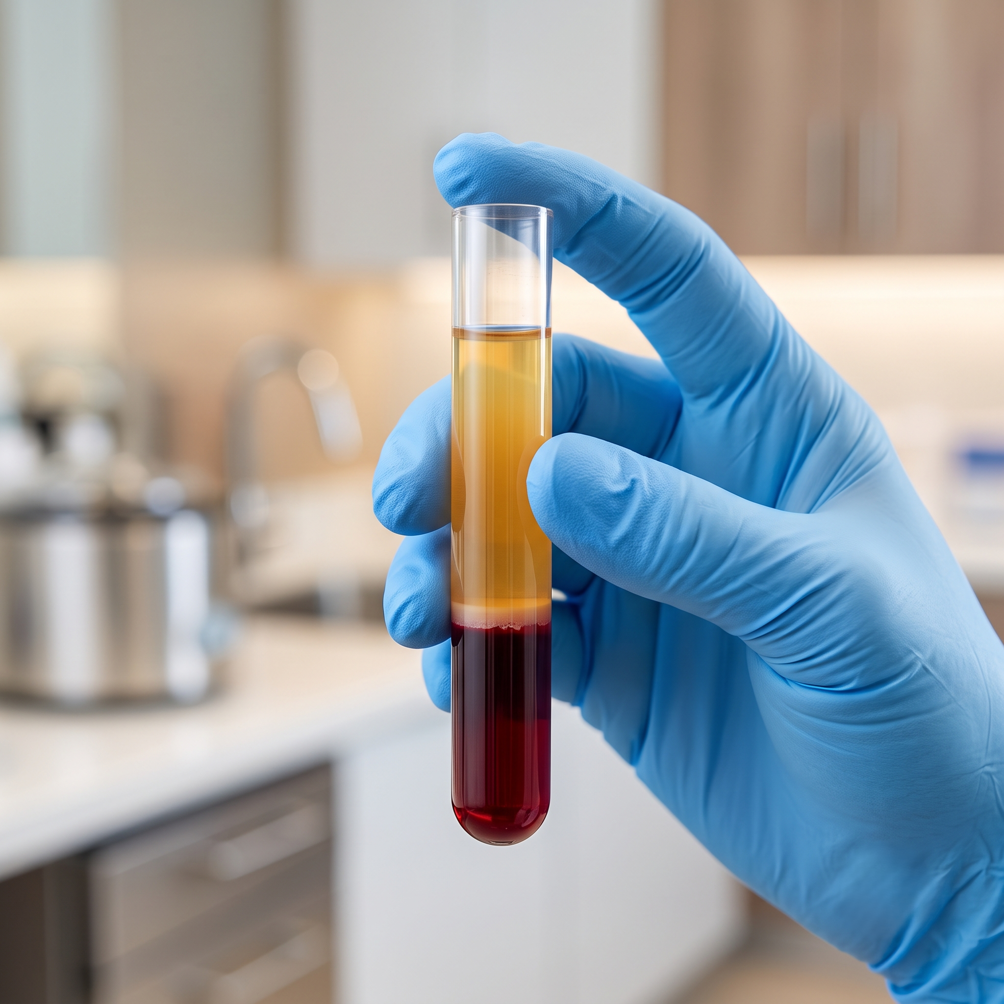 Centrifuged platelet-rich plasma separated into golden plasma and red cell layers, used in PRP hair restoration.