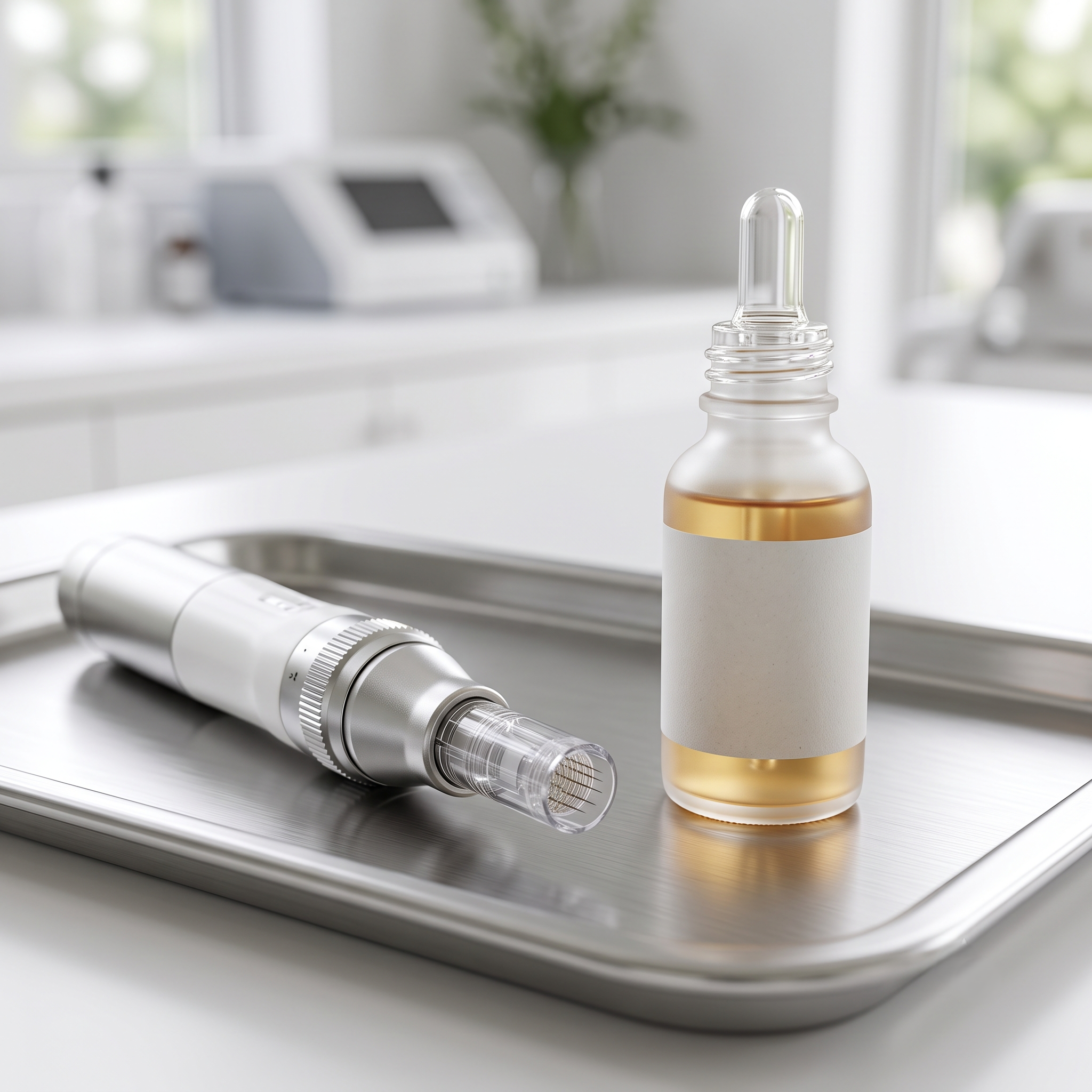 A microneedling device and serum on a clinic tray, illustrating tranexamic acid delivery for melasma