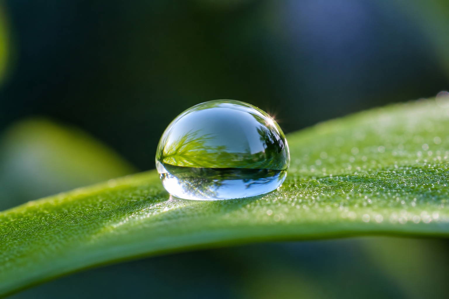 A single water droplet holding its shape on a leaf, illustrating how hyaluronic acid dermal fillers retain water and volume.