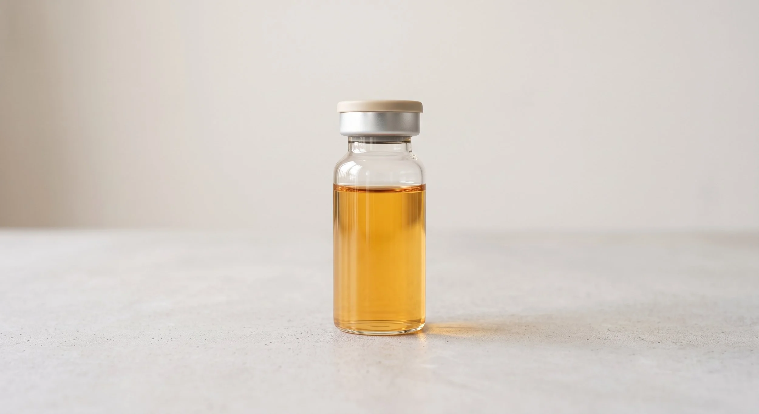 A small vial of golden-hued plasma in soft light, illustrating platelet-rich plasma for skin rejuvenation.