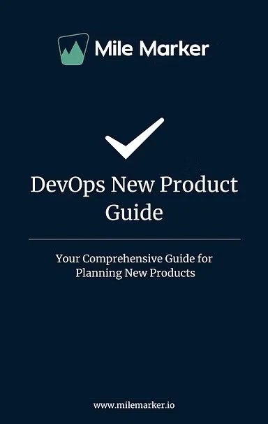 Cover page of a guide titled 'DevOps New Product Guide' by Mile Marker, with a checkmark symbol, dark blue background, and website milemarker.io