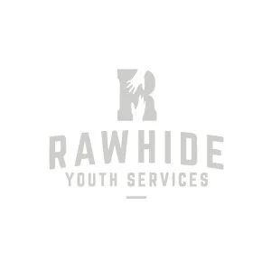 Gray logo of Rawhide Youth Services with a stylized image of a horse and rider above the text.