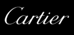 Cartier logo in white script font on a black background