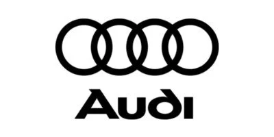 The Audi logo featuring four black interlinked rings above the word 'Audi' in bold black letters.