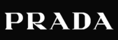 Prada logo in white text on a black background.