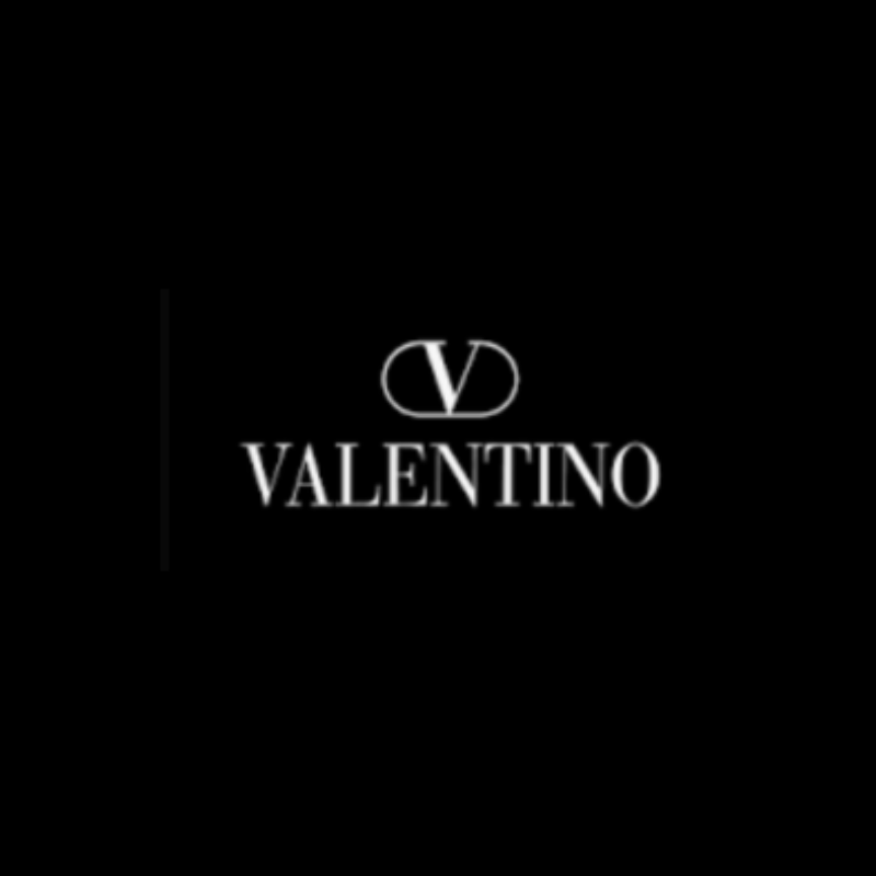 Black background with the Valentino logo and brand name in white, featuring a stylized 'V' and 'VALENTINO' written below.
