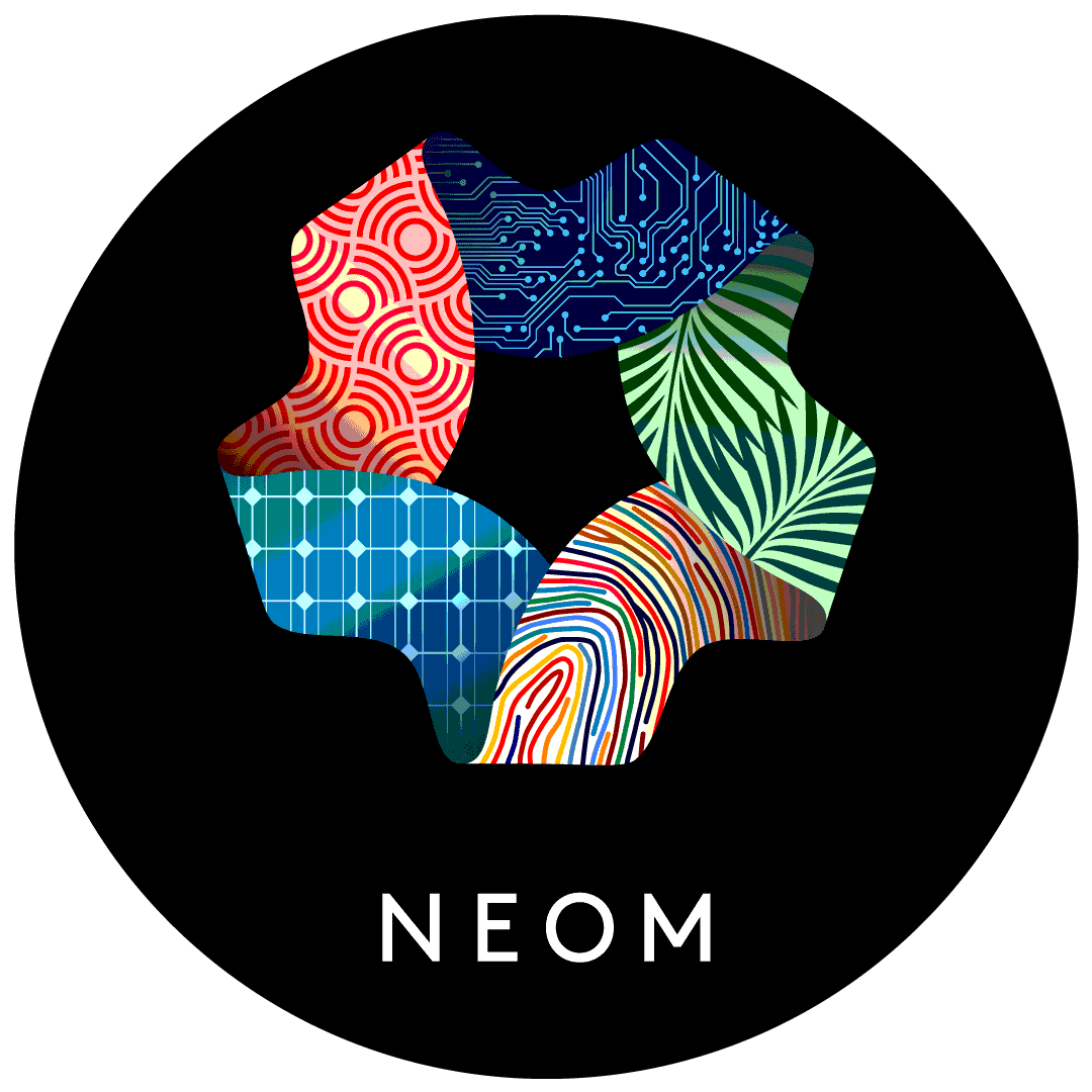 Colorful abstract geometric shape resembling a stylized flower with semiconductor and circuit patterns, with the word 'NEOM' beneath it.