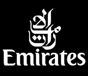 Emirates airline logo with Arabic script above the word 'Emirates' on a black background.