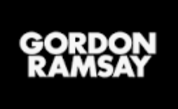 Text logo that says 'Gordon Ramsay' in white letters on a black background.