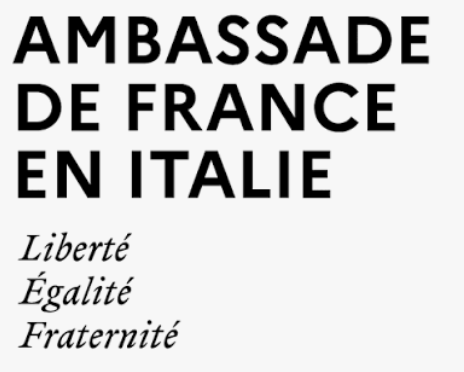 Text display with French phrases, reading "Embassy of France in Italy" and the national motto "Liberté, Égalité, Fraternité."