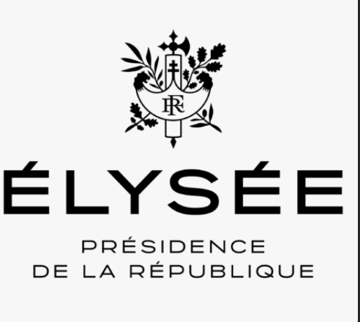 French presidential emblem featuring the words Élysée and Presidency of the Republic with a crest and floral design.