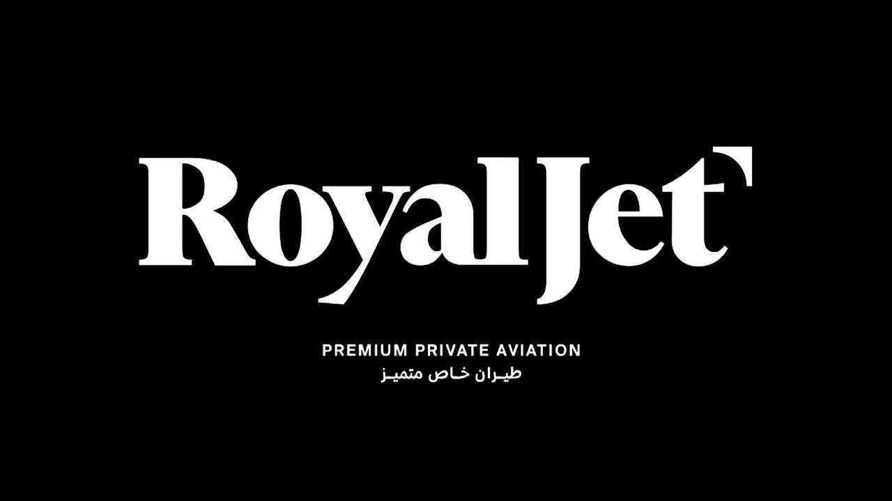 RoyalJet logo with the tagline 'Premium Private Aviation' in English and Arabic, set on a black background.
