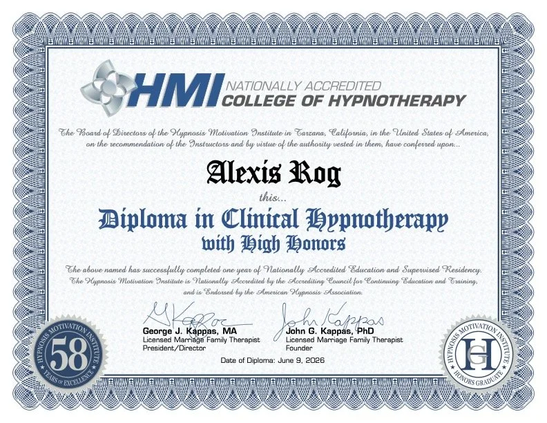 Diploma in Clinical Hypnotherapy awarded to Alexis Rog from the HMI College of Hypnotherapy, with signatures and official seals.