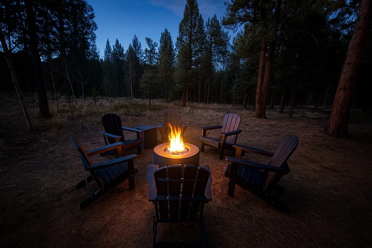 A campfire surrounded by six dark wooden Adirondack chairs in a forest clearing at dusk.