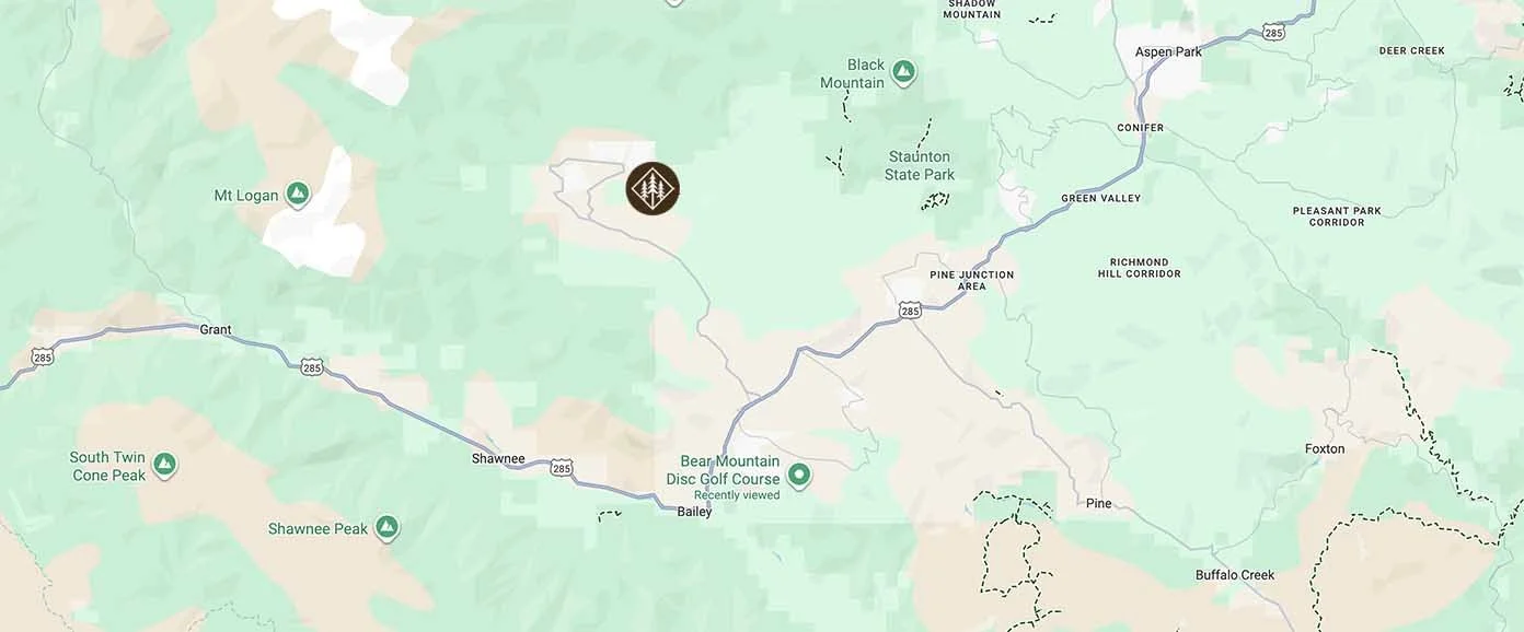Map showing terrain and landmarks including Mount Logan, Shawnee Peak, and Bear Mountain Disc Golf Course in a mountainous region.