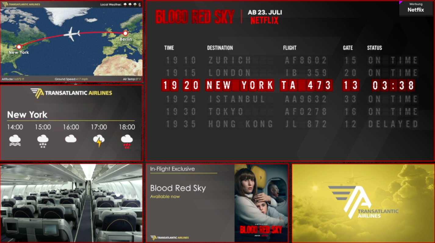 Computer screen showing flight details for Transatlantic Airlines flight from New York to Zurich on July 23, including weather forecast, aircraft interior, and promotional content for the movie Blood Red Sky.