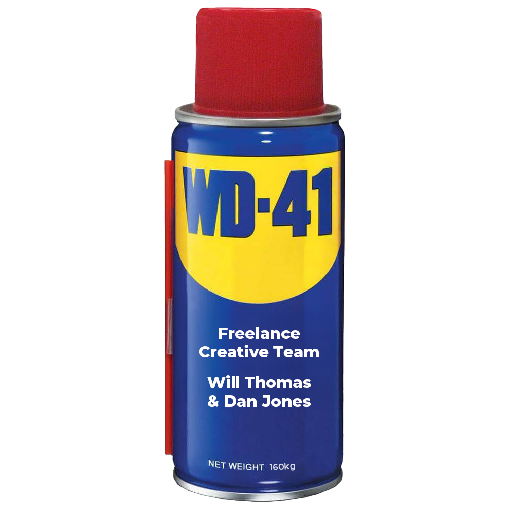 A WD-41 can labeled as a creative team supplies with names Will Thomas and Dan Jones, measuring 160 kg.