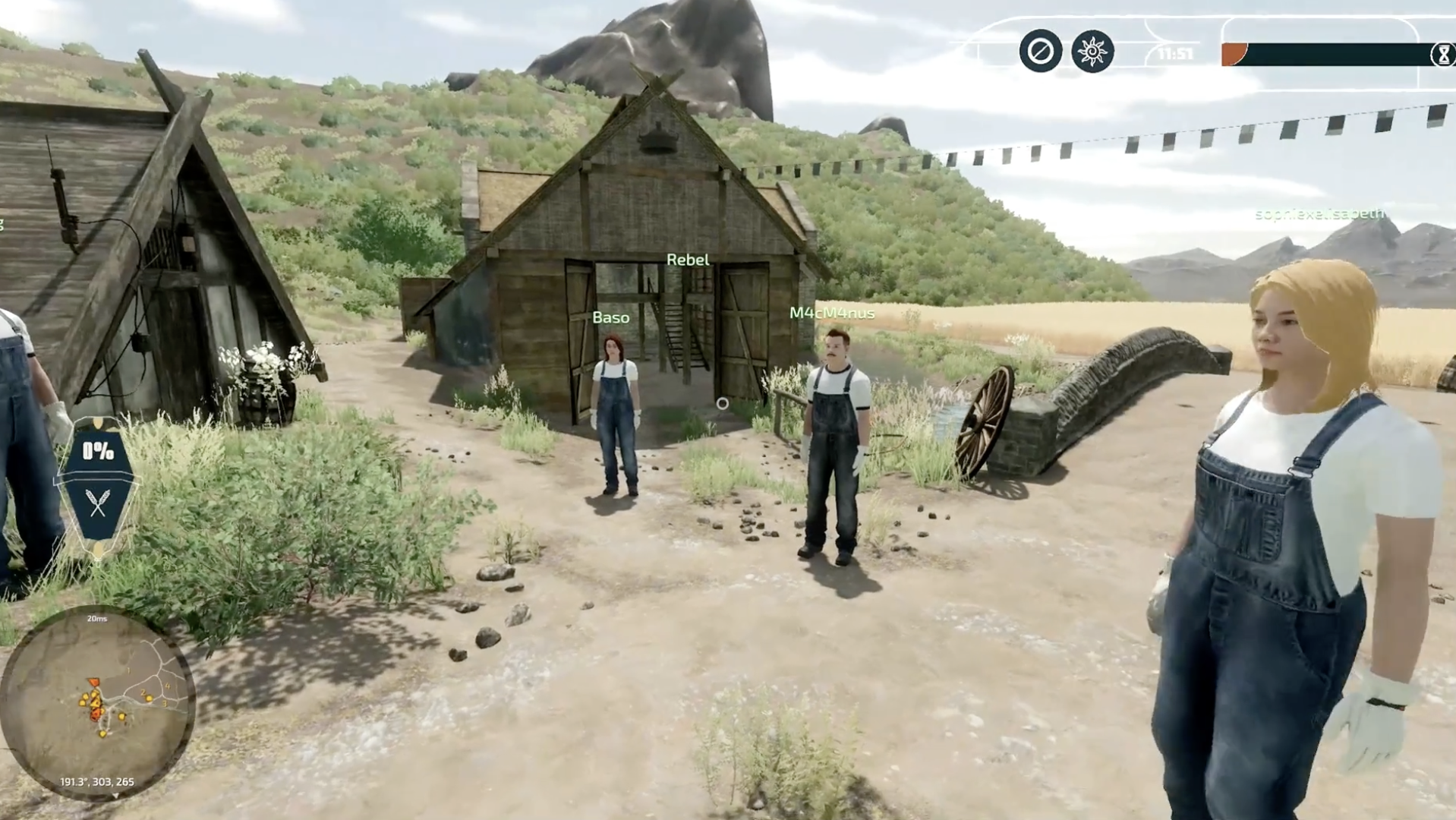 Video game scene with four characters standing outside of wooden farm buildings in a rural landscape, with mountains in the background and a mini-map in the bottom left corner.