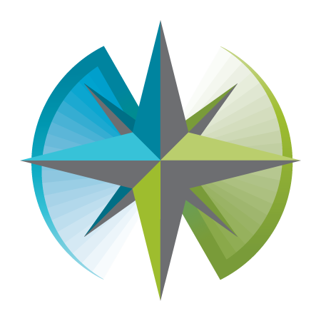 A compass rose graphic with blue and green sections.