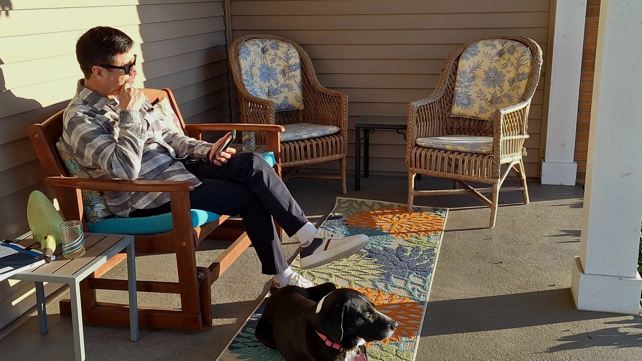 A woman sitting on a porch bench, wearing sunglasses and a plaid shirt, looking at her phone with a dog lying next to her on the rug. There are two wicker chairs with floral cushions and a small table beside them.